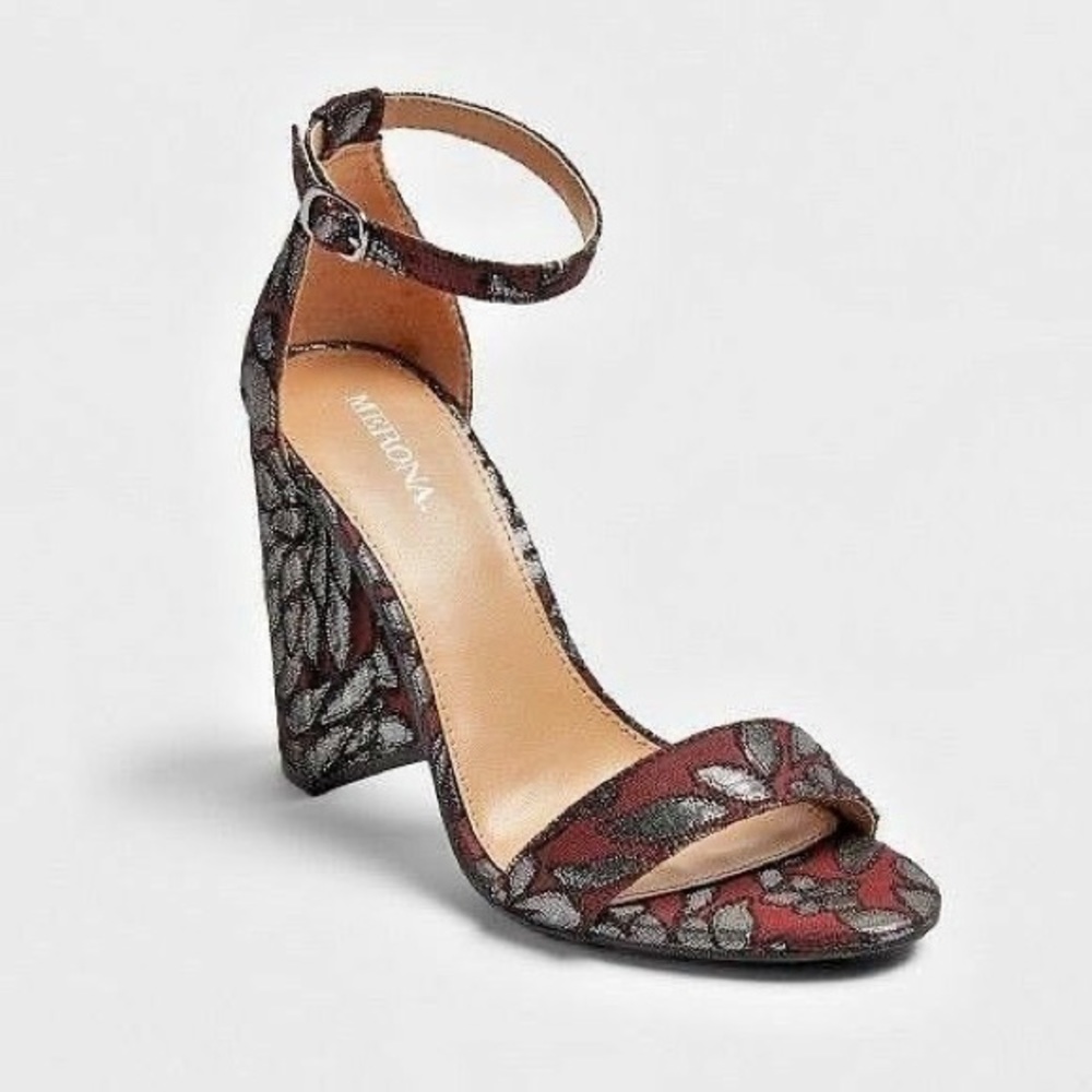 Maroon and silver brocade block heels.